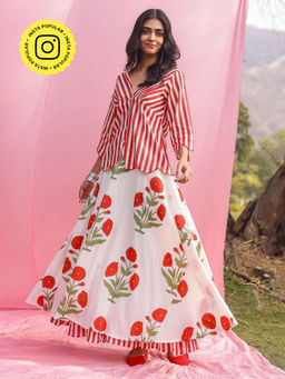 Gulaal - Brij Red Poppy And Stripe Shirt with Lehenga (Set of 2)
