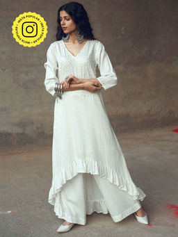 Gulaal - Harsha White Ruffle Kurta With Flared Pant (Set of 2)
