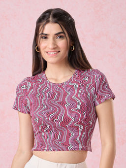 Twenty Dresses by Nykaa Fashion - Pink Round Neck Striped Crop T-shirt