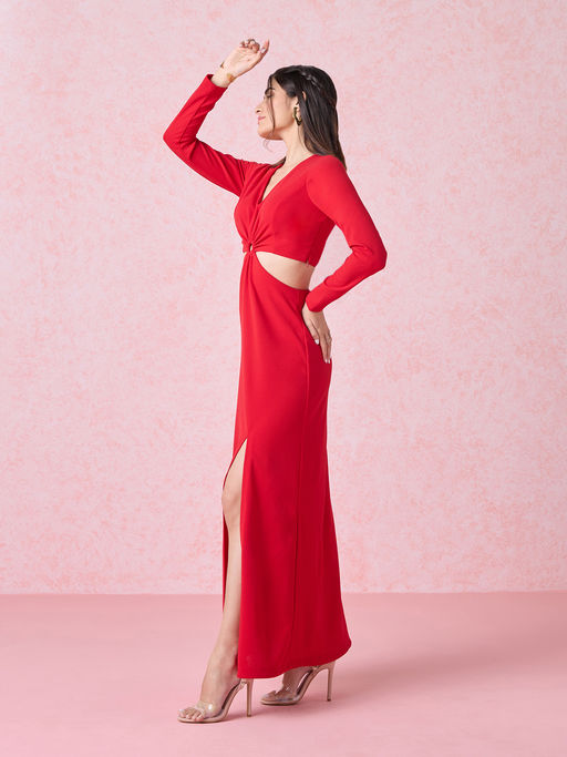 Buy Twenty Dresses by Nykaa Fashion Red V Neck Cut Out Gown Online