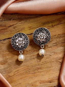 Estele - Rhodium Plated Gorgeous Black Meenakari Pearl Drop Earrings with Kundan for Women