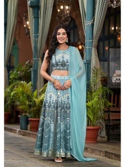Juniper - Blue Floral Printed Blouse with Lehenga and Dupatta (Set of 3)