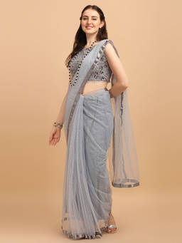 Amrutam Fab - Womens Embellished Net Grey Colour Saree With Sequences Unstitched Blouse Piece