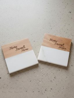 Homearte - White Marble Wooden Home Sweet Home Square Coaster (Pack Of 2)