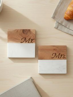 Homearte - White Marble Wooden Mr Mrs Square Coaster (Pack Of 2)