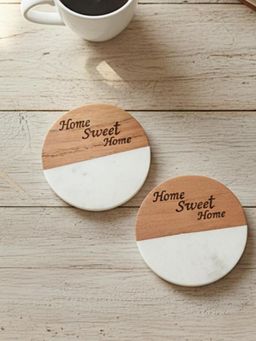 Homearte - White Marble Wooden Home Sweet Home Round Coaster (Pack Of 2)