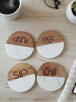 Homearte - White Marble Wooden Drink Relax Sip Chill Round Coaster (Pack Of 4)
