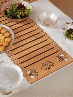HOME 360 - Tan Artisan Oak-Tone Slat Table Runner with Laser-Cut Medallions 14*72 Inch