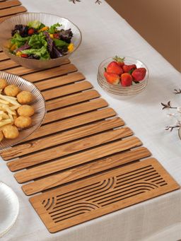 HOME 360 - Tan Ornate Medallion Oak-Tone Slatted Table Runner 14*72 Inch