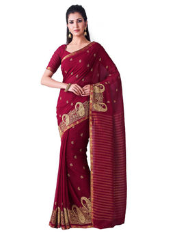 Mimosa - Chiffon Maroon Saree With Blouse Piece