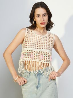SHOWOFF - Womens Cream Self Design Crop Crochet Top