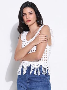 SHOWOFF - Womens White Self Design Crop Crochet Top