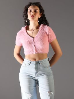 SHOWOFFFF - Womens Pink Self Design Crop Top