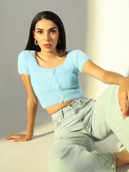 SHOWOFF - Basic Womens Blue Self Design Crop Top