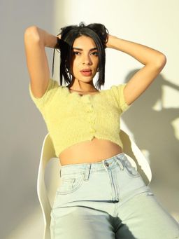 SHOWOFF - Basic Womens Green Self Design Crop Top