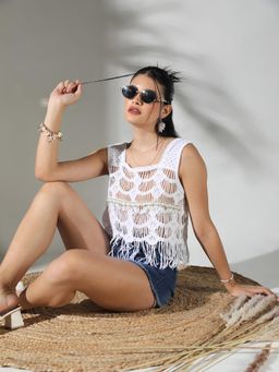 SHOWOFFFF - Edition Womens White Self Design Crochet Top