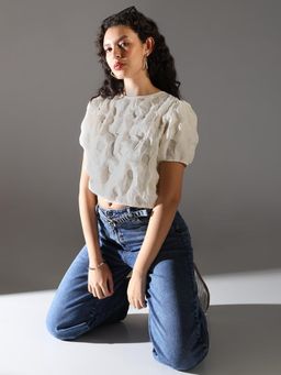SHOWOFFFF - Womens Cream Textured Crop Top