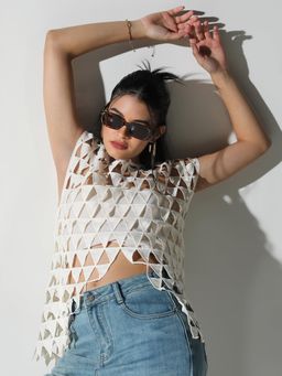 SHOWOFF - Edition Womens Off White Self Design Crochet Top