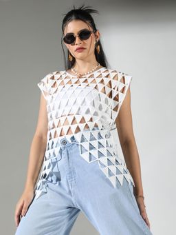 SHOWOFFFF - Edition Womens White Self Design Crochet Top