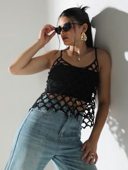 SHOWOFF - Edition Womens Black Self Design Crochet Top