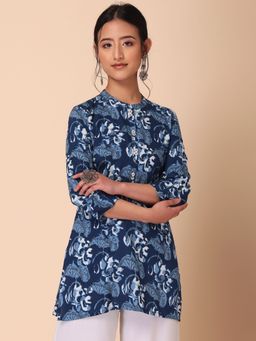 Indya - Dark Blue Abstract Print Embroidered Rayon Top