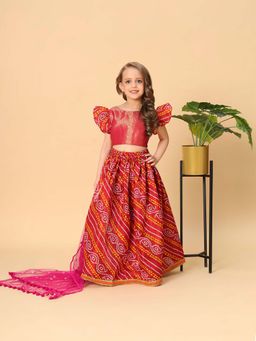 Cord Of Love - Red Bandhani Lehenga with Woven Top and Dupatta (Set of 3)