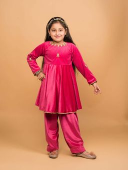 Cord Of Love - Pink Velvet Hand Embroidered Peplum Kurta and Salwar (Set of 2)