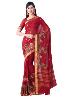 Mimosa - Chiffon Red Saree With Blouse Piece
