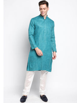 Devoiler - Men Self Design Turquoise Cotton Kurta