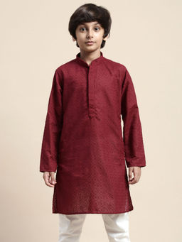 Sanwara - Boy Maroon Floral Cotton Chikankari Designer Kurta