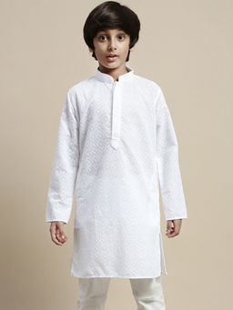 Sanwara - Boy White Floral Cotton Chikankari Designer Kurta
