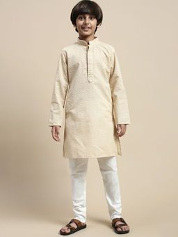 Sanwara - Boy Beige Floral Chikankari Designer Kurta Payjama (Set of 2)