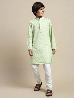 Sanwara - Boy Parrot Green Floral Chikankari Designer Kurta Payjama (Set of 2)