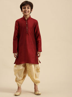 Sanwara - Boys Cotton Silk Solid Red Straight Kurta with Dhoti (Set of 2)