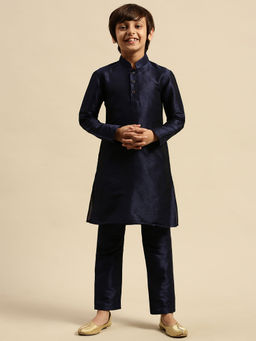 Sanwara - Boys Art Silk Solid Deep Blue Straight Kurta with Pyjama (Set of 2)