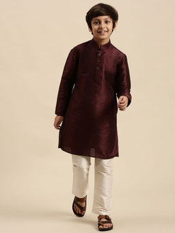 Sanwara - Boys Art Silk Solid Wine Straight Kurta with Pyjama (Set of 2)
