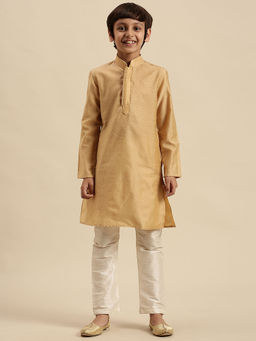 Sanwara - Boys Art Silk Woven Deep Beige Straight Kurta with Pyjama (Set of 2)