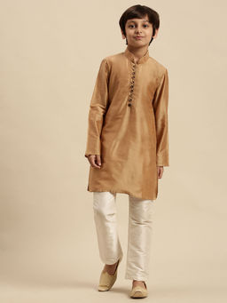 Sanwara - Boys Art Silk Solid Deep Beige Straight Kurta with Pyjama (Set of 2)