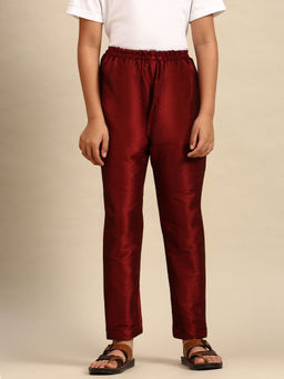 Sanwara - Boys Solid Maroon Art Silk Pyjama