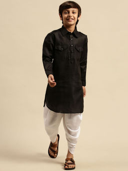 Sanwara - Boys Cotton Solid Black Pathani with Cawl (Set of 2)