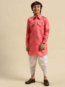 Sanwara - Boys Cotton Solid Pink Pathani with Cawl (Set of 2)