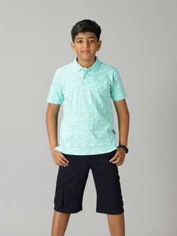 KiddoPanti - Green Polo Printed T-Shirt and Cargo Shorts Set