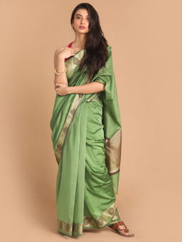 Indethnic - Banarasi Green Solid Work Wear Saree With Unstitched Blouse