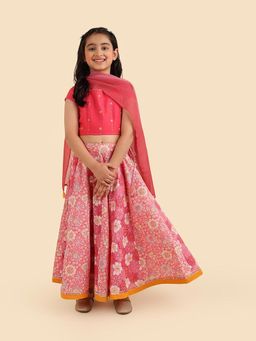 Fabindia - Pink Printed Lehenga and Choli with Dupatta