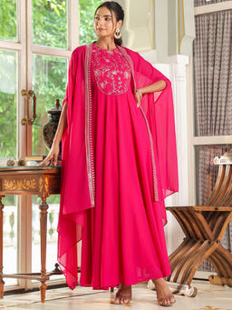 Janasya - Pink Embroidered Dress with Cape (Set of 2)