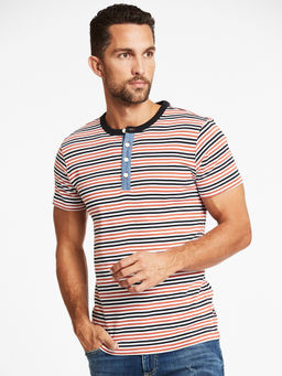 LINDBERGH - Green Striped Henley Neck T Shirt