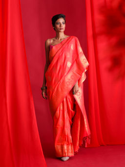 Beatitude - Orange Banarasi Saree with Unstitched Blouse