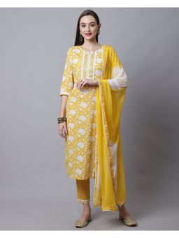 Rajnandini - Pure Cotton Jaipuri Printed Embroidered Kurta With Dupatta - Yellow (Set of 3)