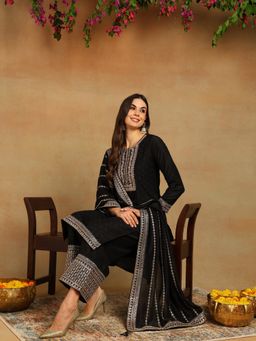 Vaamsi - Women Black Silk Blend Embroidered Straight Kurta Trousers with Dupatta (Set of 3)