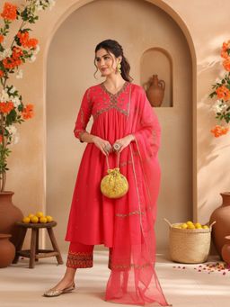 Vaamsi - Women Pink Silk Blend Embroidered Flared Kurta Trouser with Dupatta (Set of 3)